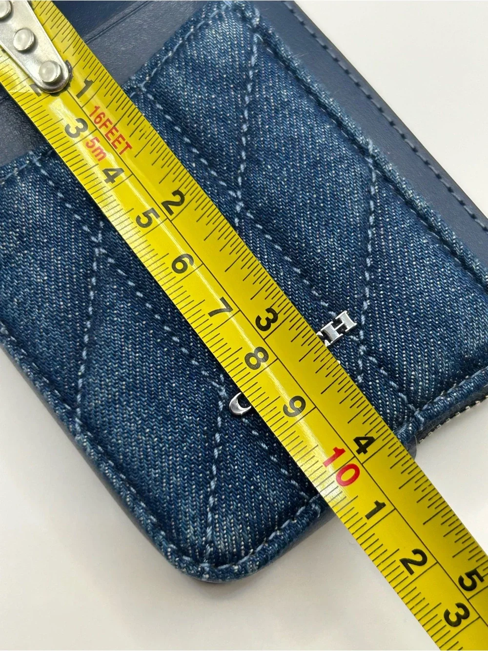 Coach Quilted Denim Card Holder with Silver Chain - Blue